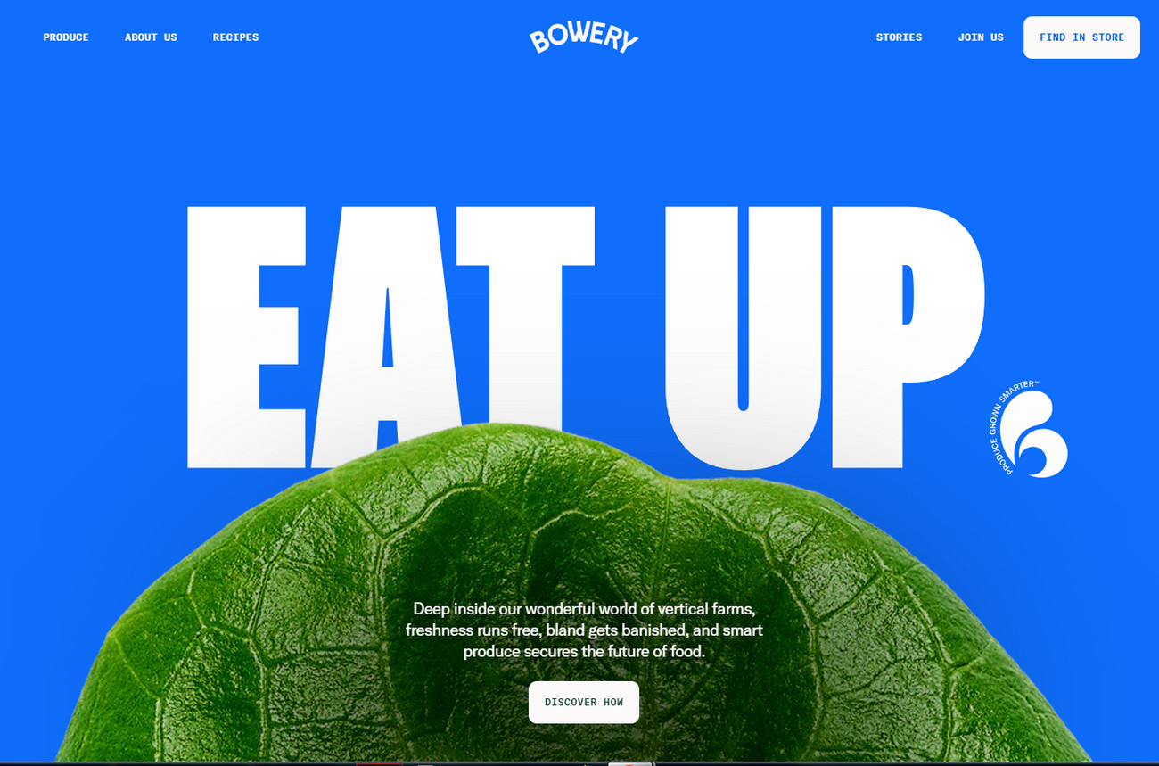 Bowery Farming, one of the best indoor farm in the World, main page of site