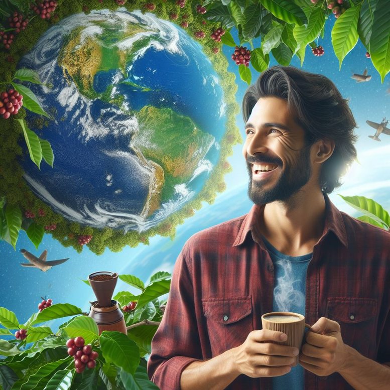 a man is smiling and drinking coffee, holding a cup in his hands, the planet earth in the background, coffee trees growing on the surface