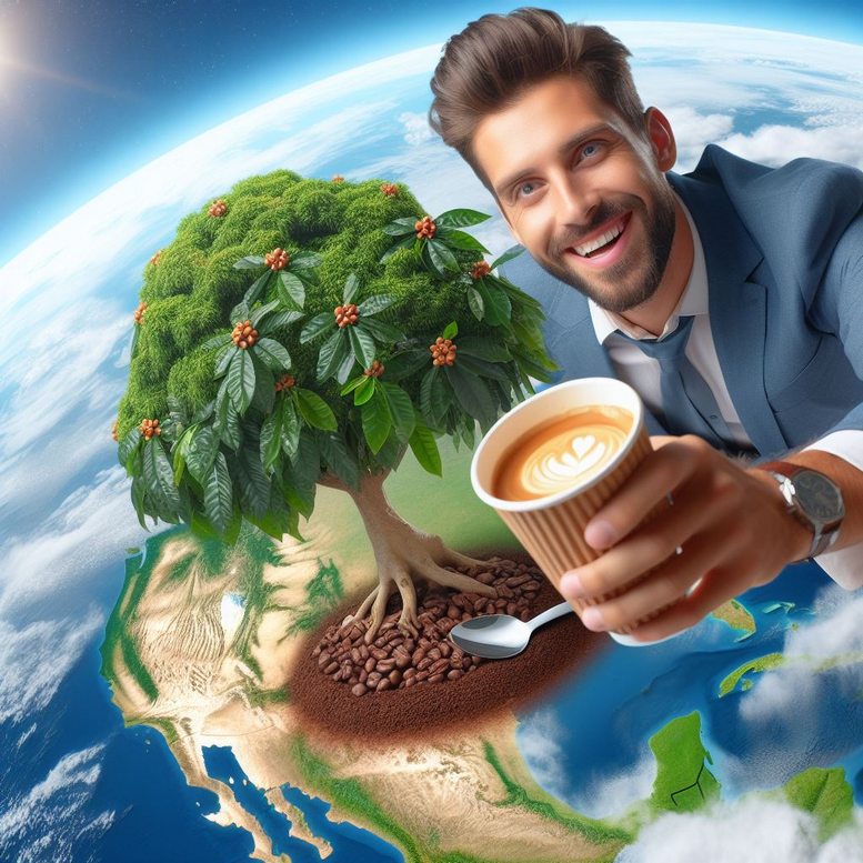 a man smiles and offers to drink coffee, a coffee tree grows on the surface of the planet